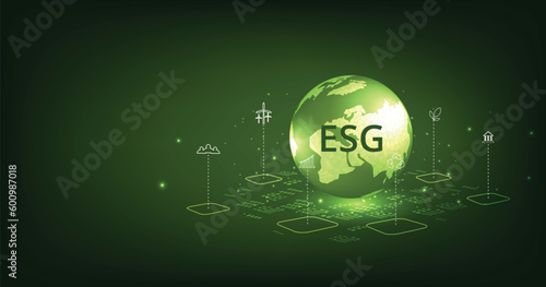 Environmental Social and Governance (ESG) concept. The company developed a nature conservation strategy and Solving environmental, social and management problems with figure icons.