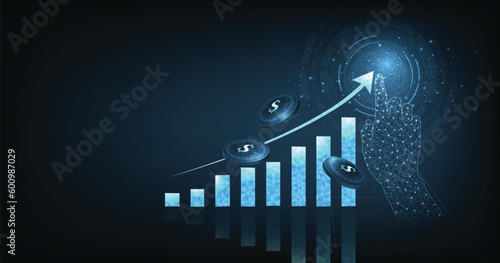 Concept of growth business on successful with graph icon up digital on dark blue background. growing graph icon from triangle line particle design low poly.	