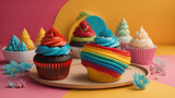 Birthday cupcake. Rainbow Cup. Generative AI