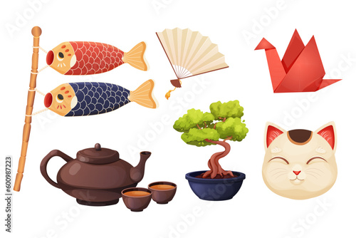 Japan set with traditional elements bonsai tree, koinobori flag, fun, maneki neko cat, origami crane and teapot with tea cups in cartoon style isolated on white background.
