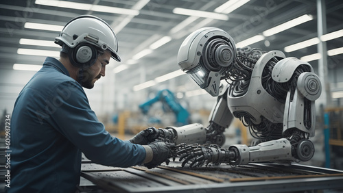 Mechanized industry robot and human worker working together. Generative AI
