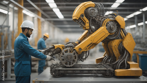 Mechanized industry robot and human worker working together. Generative AI