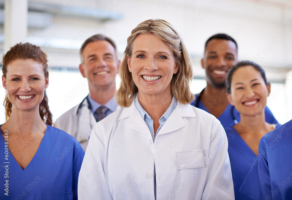 Fototapeta premium Healthcare, portrait of medical team smiling and in hospital building. Teamwork or collaboration, happy medicine staff together and group of woman doctors or nurses in clinic or workplace.