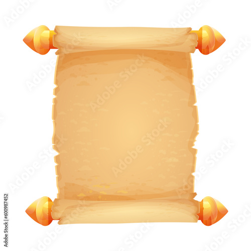 Parchment Scroll, antique paper with golden handles, empty sheet, document textured, aged in cartoon style isolated on white background.