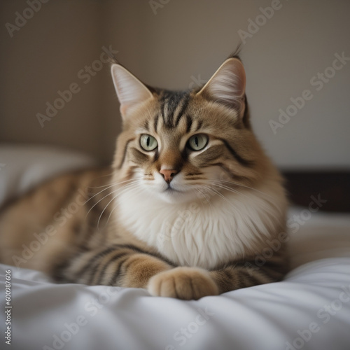 domestic cat on the bed. Generative AI © Levon
