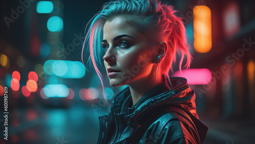 Cyberpunk woman portrait futuristic neon style. Generative AI