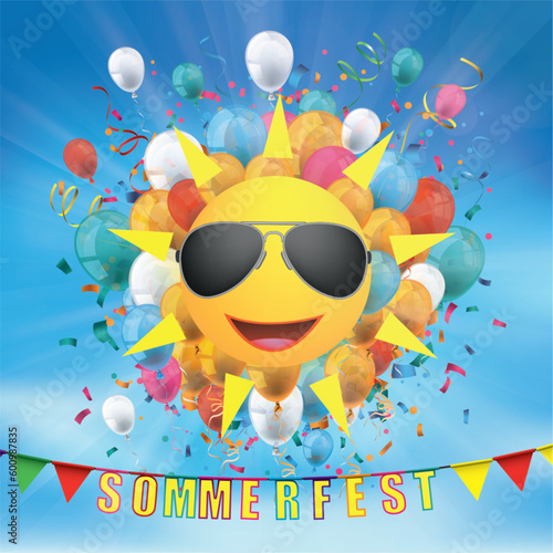 Sommerfest Cover mit den bunten Luftballons, Konfetti und Sonne