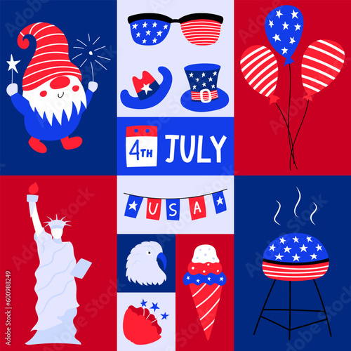 Greeting card with patriotic symblos of USA independence day. Social media template for 4th of July. American symbols, Statue of liberty, grill, eagle. Flat cartoon style. Bright vector illustration. photo