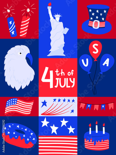 Poster with national symblos of USA independence day. Greeting card for 4th of July. Eagle, flag, donut, hat. Patriotic elements in rectangular shapes. Flat cartoon style. Bright Vector illustration. photo