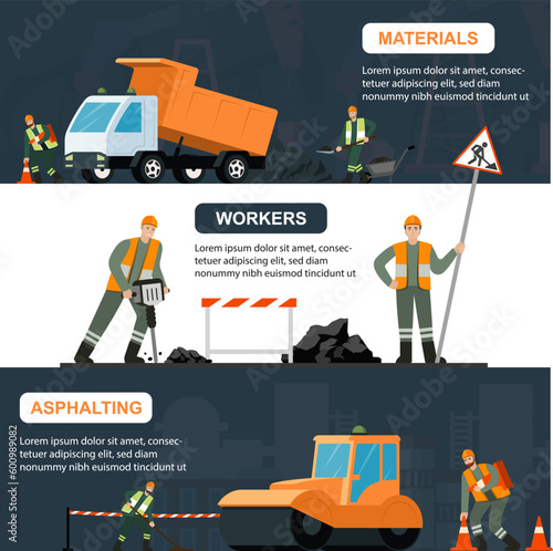 road repair banners. outdoor working serviceman in uniform road repair. Vector cartoon template with place for text