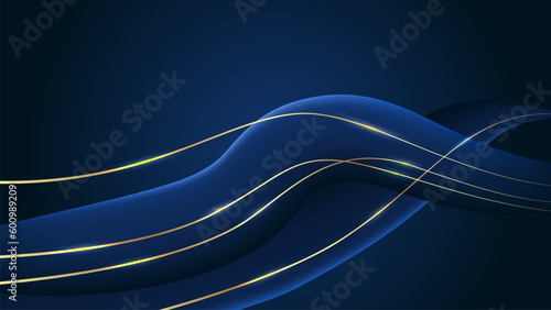 Abstract geometric banner. Gold lines and blue waves on navy background.