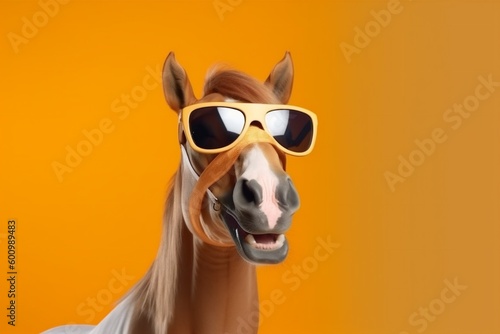 model smile goggles animal horse fun funny portrait colourful background sunglasses. Generative AI. © SHOTPRIME STUDIO