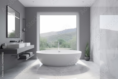 interior indoor home design apartment tub towel room white house window. Generative AI. © VICHIZH