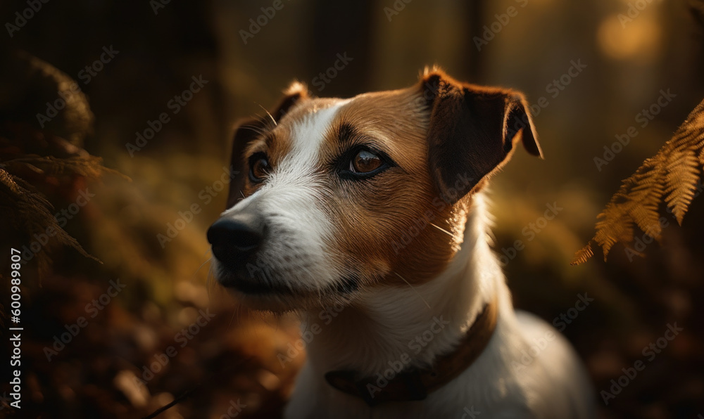 close up photo of Jack Russell Terrier on blurry forest background. Generative AI