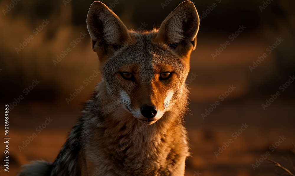 Fototapeta premium Photo of jackal in the scorching heat of the African savannah, lighting highlights the jackal's wild and cunning nature with slender frame, sharp features, and piercing gaze. Generative AI