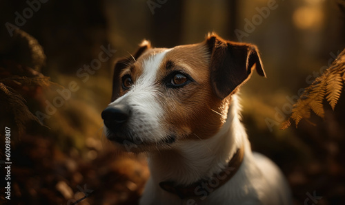 close up photo of Jack Russell Terrier on blurry forest background. Generative AI