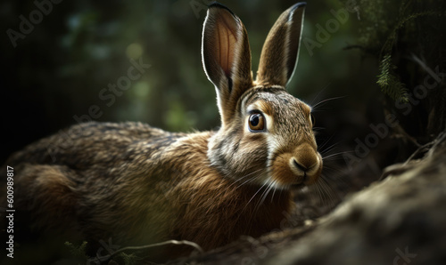 photo of Hare (genus Lepus) in its natural habitat. Generative AI © Bartek