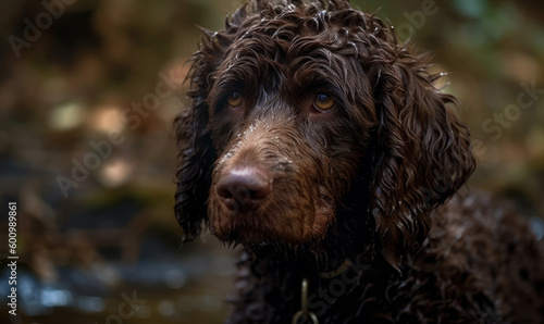 close up photo of Irish water spaniel on blurry forest background of its natural habitat. Generative AI