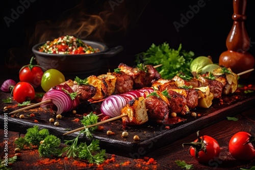 shashlik craft spices with onion, basil, garlic, red pepper, mustard, ginger, parsley with a hot steaming shashlik on the background. Generative AI.