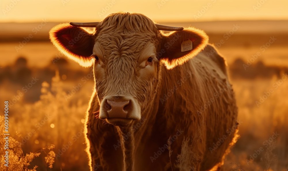 Φωτογραφία Heifer bovine, peacefully grazing in golden wheat field, illuminated by warm rays of setting sun highlighting every intricate detail of heifer's fur, muscular build & peaceful demeanor