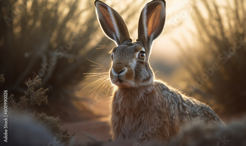 Desert Runner: Photo of jackrabbit, poised and alert in a dry, sunbaked desert, image showcases the rabbit's agility, speed, and keen senses. Generative AI © Bartek