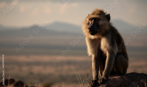 Majestic hamadryas (sacred baboon) perched on a rocky outcrop, overlooking a vast African savannah landscape. Its piercing gaze and powerful stance exude dominance and strength. Generative AI