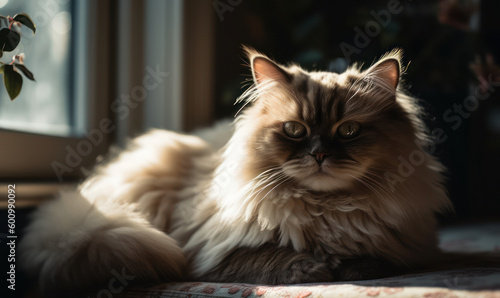Photo of Himalayan cat lounging in a sun-drenched window sill, surrounded by luxurious pillows & draped in silky fur. portrait captures the regal grace & beauty of the Himalayan breed. Generative AI © Bartek