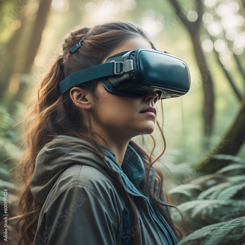 Woman with VR Headset on Forest Background. Generative AI