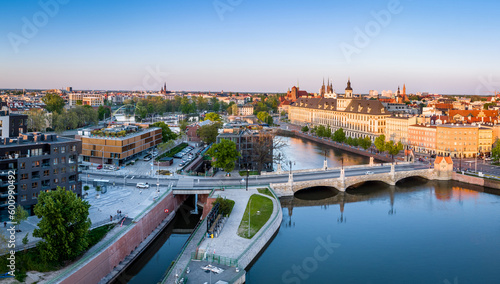 Pomorski bridge and the University in Wroclaw aerial shot at sunset.
