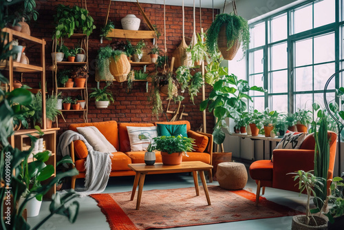 Stylish living room interior design in boho style   big windows  natural day light. Generative AI