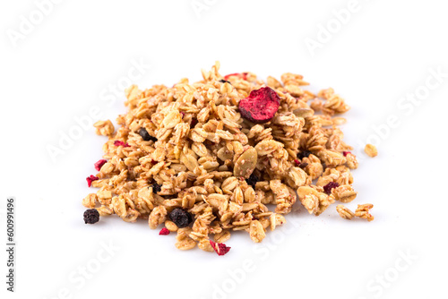 Muesli oat cereals close up background with dry fruits