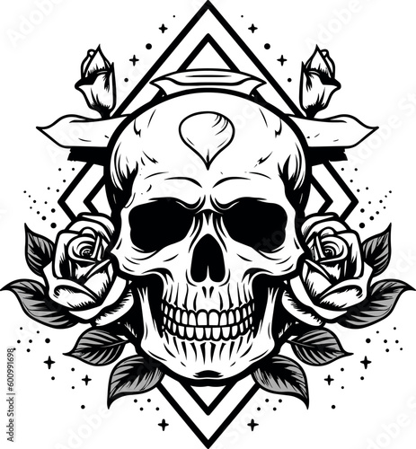 skull and rose day of the dead icon in black and white