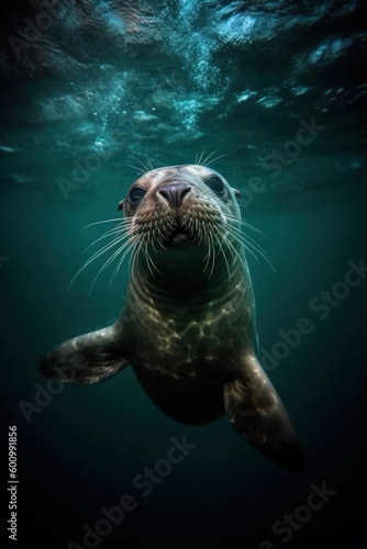 Lion de mer de Steller, sous la surface de la mer en train de nager © Sébastien Jouve