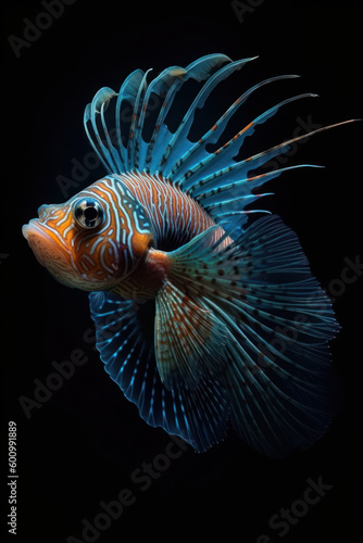 Poisson-lion rouge, poisson de récif corallien, orange et bleu