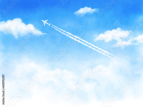 Cuadro en lienzo Blue sky and contrails drawn with digital watercolor