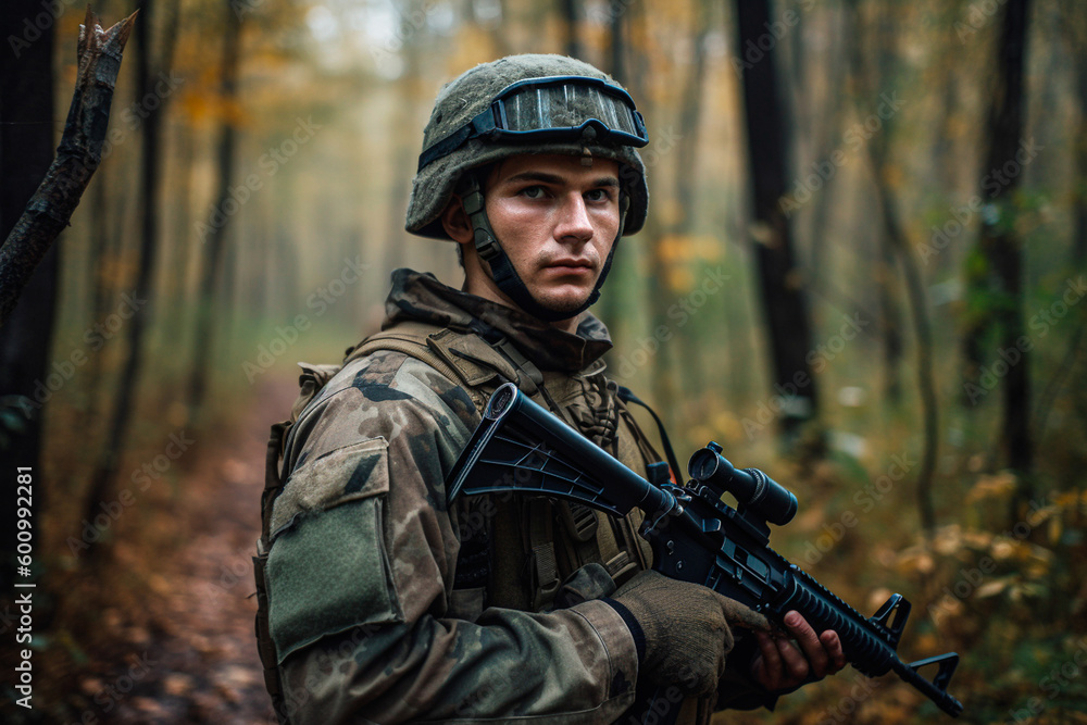 Portrait of a soldier with a forest in the background