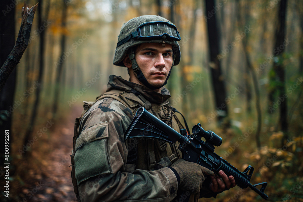 Portrait of a soldier with a forest in the background Portrait of a soldier with a forest in the background