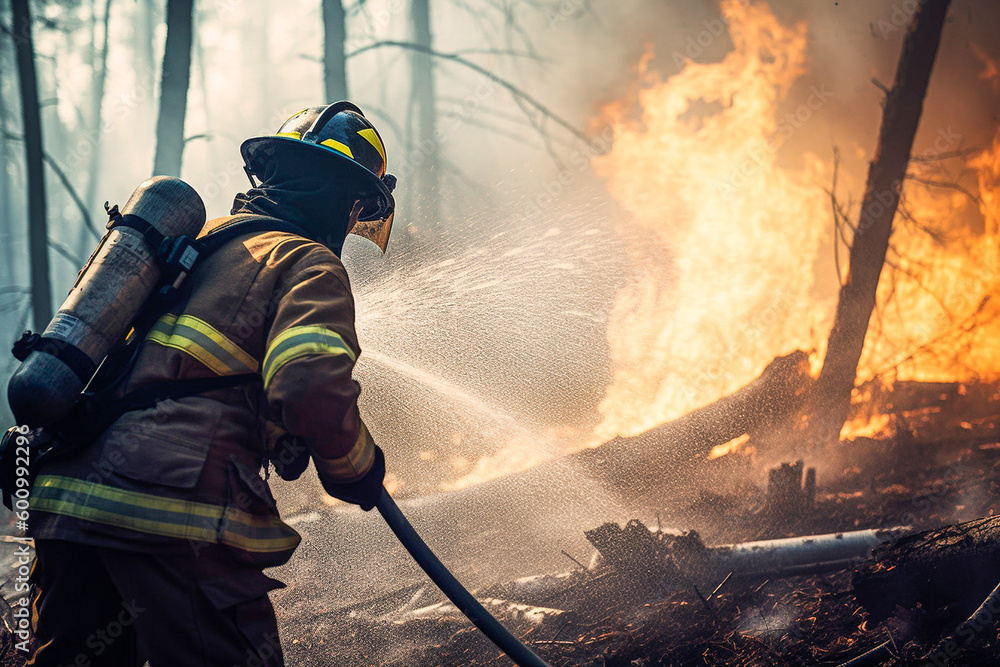 Naklejka premium Firefighter putting out a fire in a forest with a hose