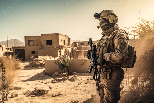 Soldier in a desert village with an automatic weapon photo
