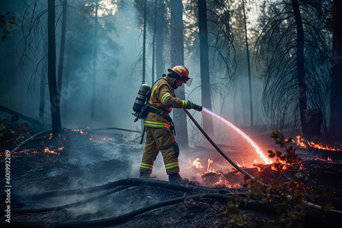 Firefighter putting out a fire in a forest with a hose