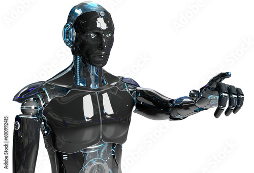 Isolated dark robot pointing finger. Futuristic cyborg using artificial intelligence. 3D rendering black and blue humanoid cut out with transparent background © sdecoret