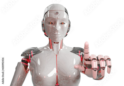 Isolated woman robot using artificial intelligence. Futuristic cyborg pointing finger. 3D rendering white and red humanoid cut out with transparent background