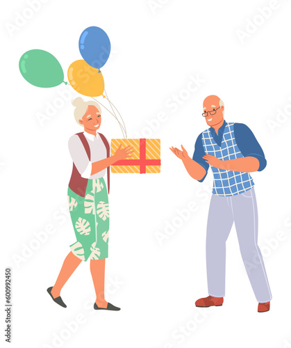 Elderly woman giving gift for senior man vector illustration
