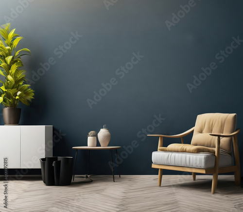 Stylish Modern wooden living room has an armchair on empty dark blue wall background