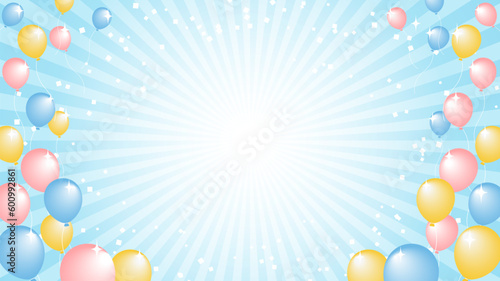 水色の放射線とカラフルな風船がキラキラ輝く背景イラスト