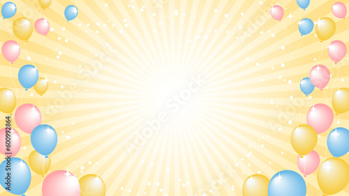 黄色の放射線とカラフルな風船がキラキラ輝く背景イラスト
