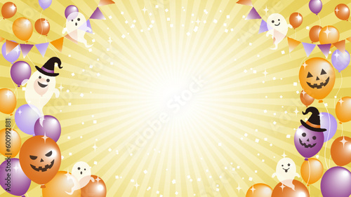 金色の放射線にハロウィンカラーの風船とおばけのイラスト