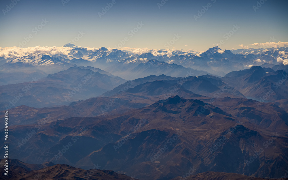 Andes Mountains from above. Aerial view with the amazing landscape of Andes in Argentina.