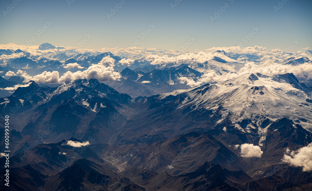 Andes Mountains from above. Aerial view with the amazing landscape of Andes in Argentina.