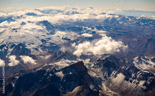 Andes Mountains from above. Aerial view with the amazing landscape of Andes in Argentina.